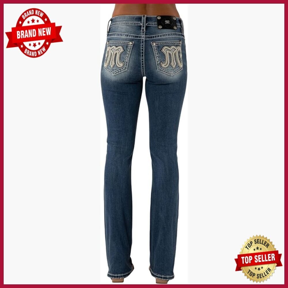 Mid-Rise Bootcut Jeans with Embellished Pockets, Stretch Denim, 32" Inseam